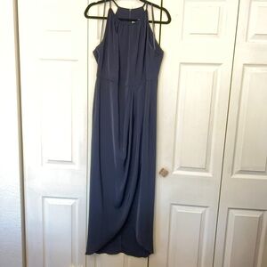 Shona Joy Draped Halter Tulip Dress Navy US Women's Sz 10 Ruched Midi Wedding